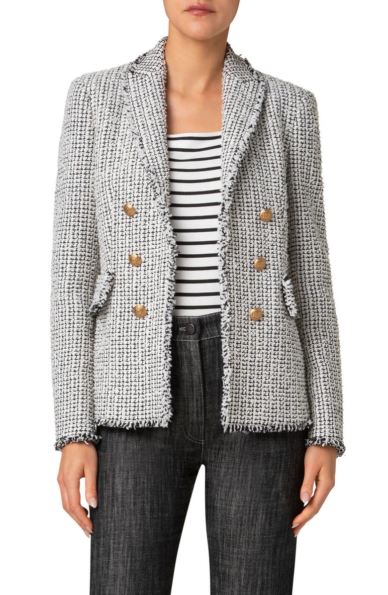 Akris punto Fringe Tweed Blazer, Main, color, Cream-Black