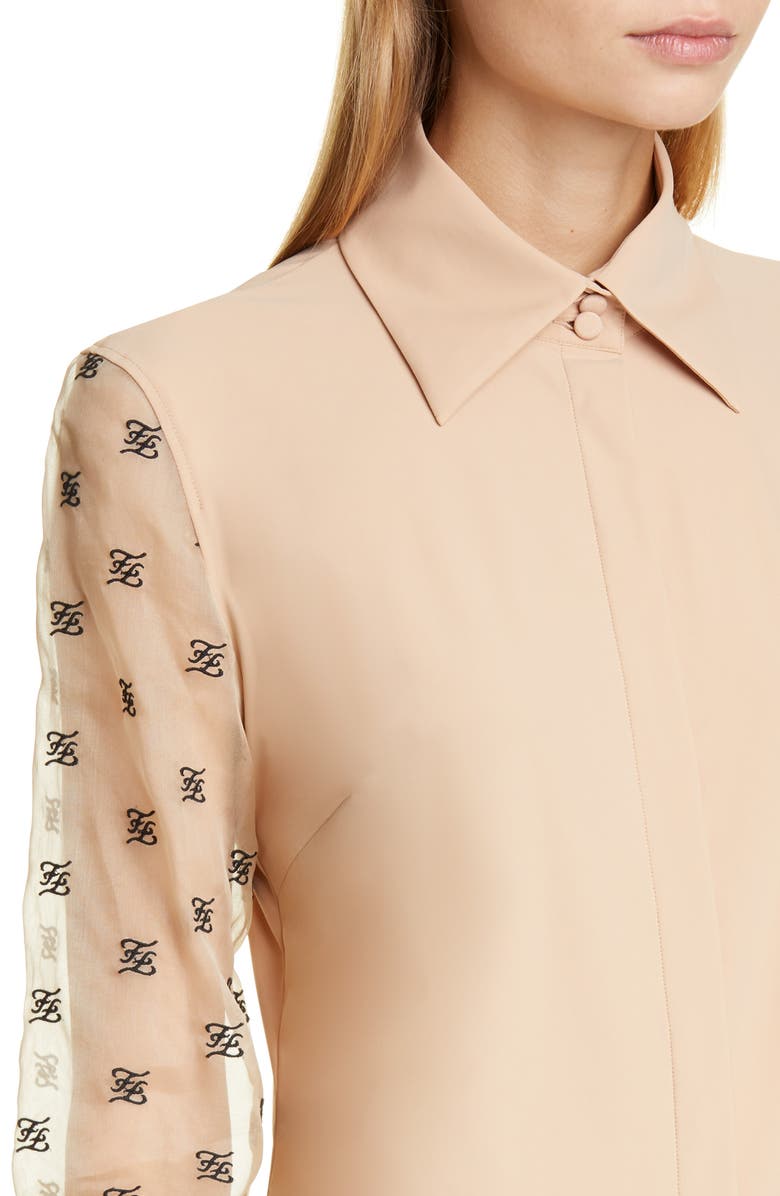 Fendi FF Karligraphy Embroidered Organza Sleeve Blouse, Alternate, color,