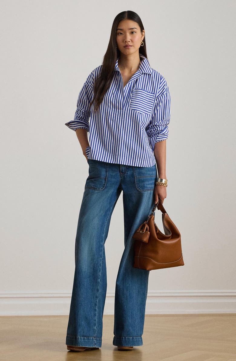 Lauren Ralph Lauren Stachee '70s Stripe Cotton Broadcloth Popover Shirt, Alternate, color, Blue/ White Multi