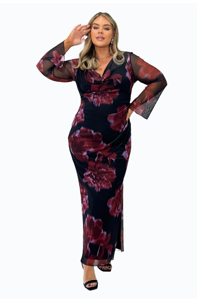 FASHION-SZN CURVE Cowl Neck Mesh Flare Sleeve Maxi Dress, Main, color, Burgundy