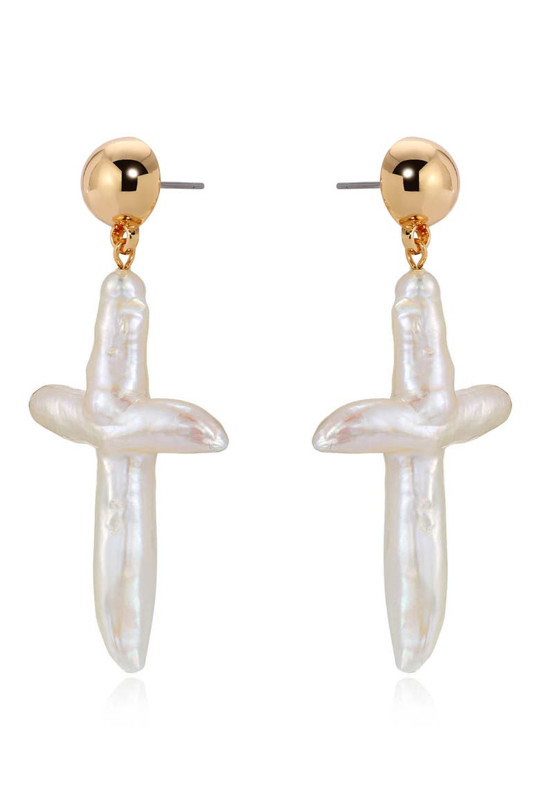 Freshwater Pearl Cross Drop Earrings, Alternate, color, GOLD