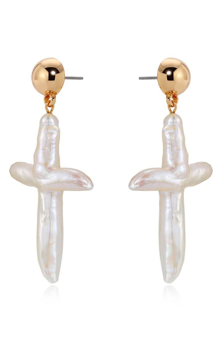 Ettika Freshwater Pearl Cross Drop Earrings, Alternate, color, Gold