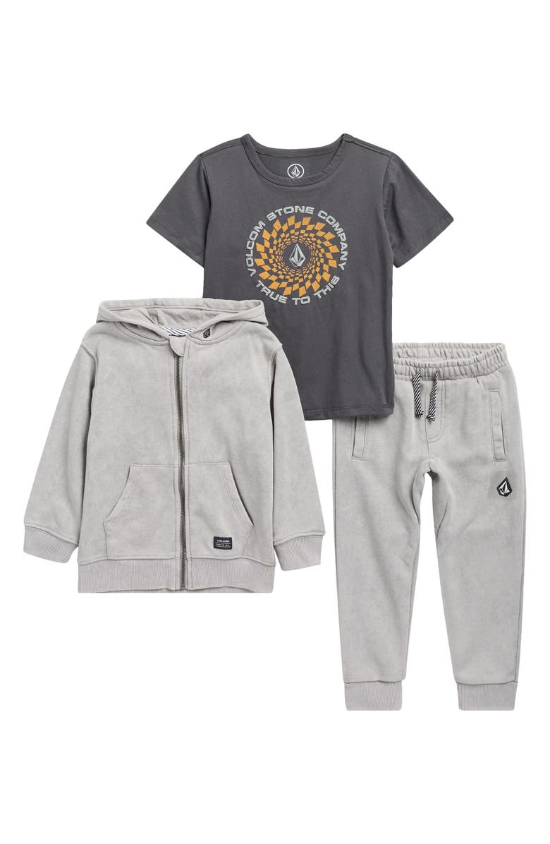 Volcom Kids' Graphic T-Shirt, Acid Washed French Terry Hoodie & Joggers Set, Main, color, Gray