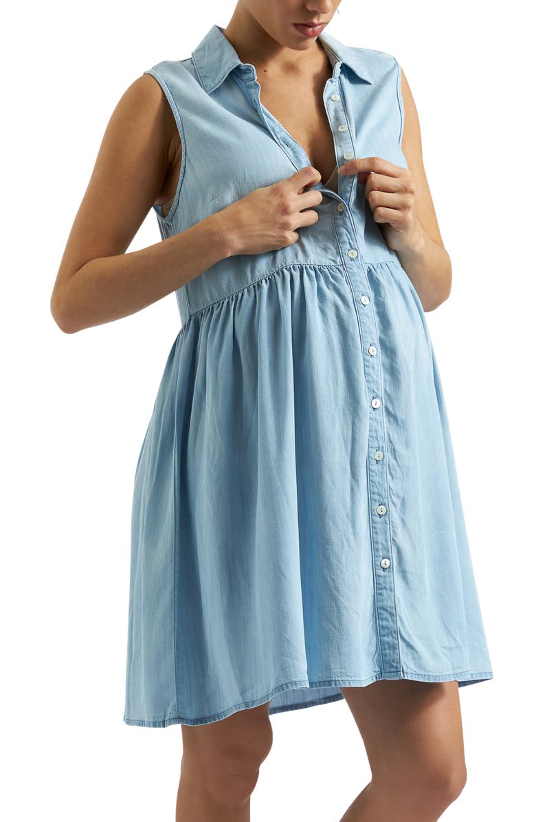 Ripe Maternity Bec Button Down Sleeveless Chambray Maternity Dress, Alternate, color, Clean Fade
