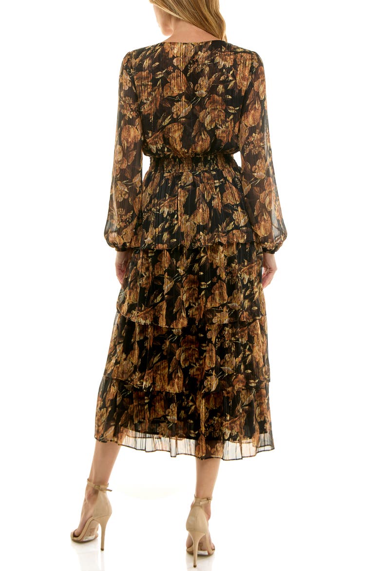 Floral Long Sleeve Tiered Midi Dress, Alternate, color, BLACK GOLD VINTAGE
