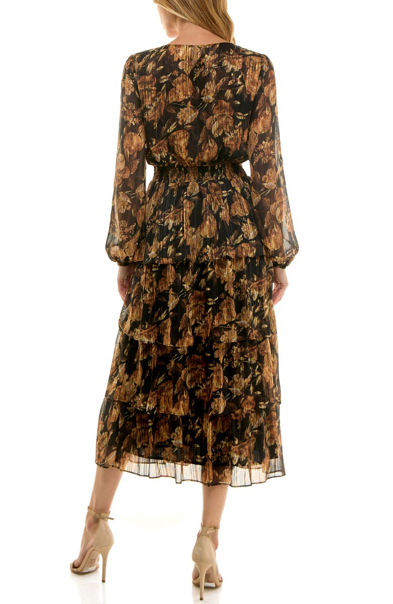 Socialite Floral Long Sleeve Tiered Midi Dress, Alternate, color, Black Gold Vintage