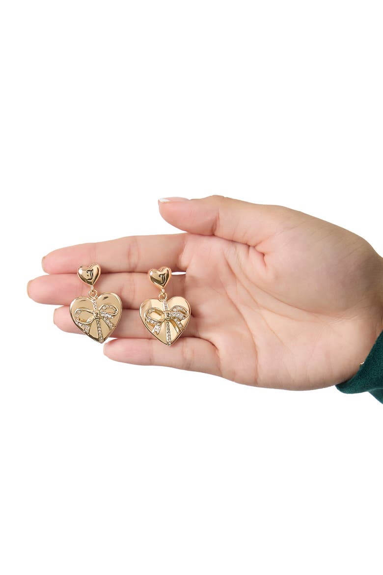 Quilted Double-Heart Drop Earrings, Gold-Tone with Crystal Accents, Alternate, color, Gold Tone