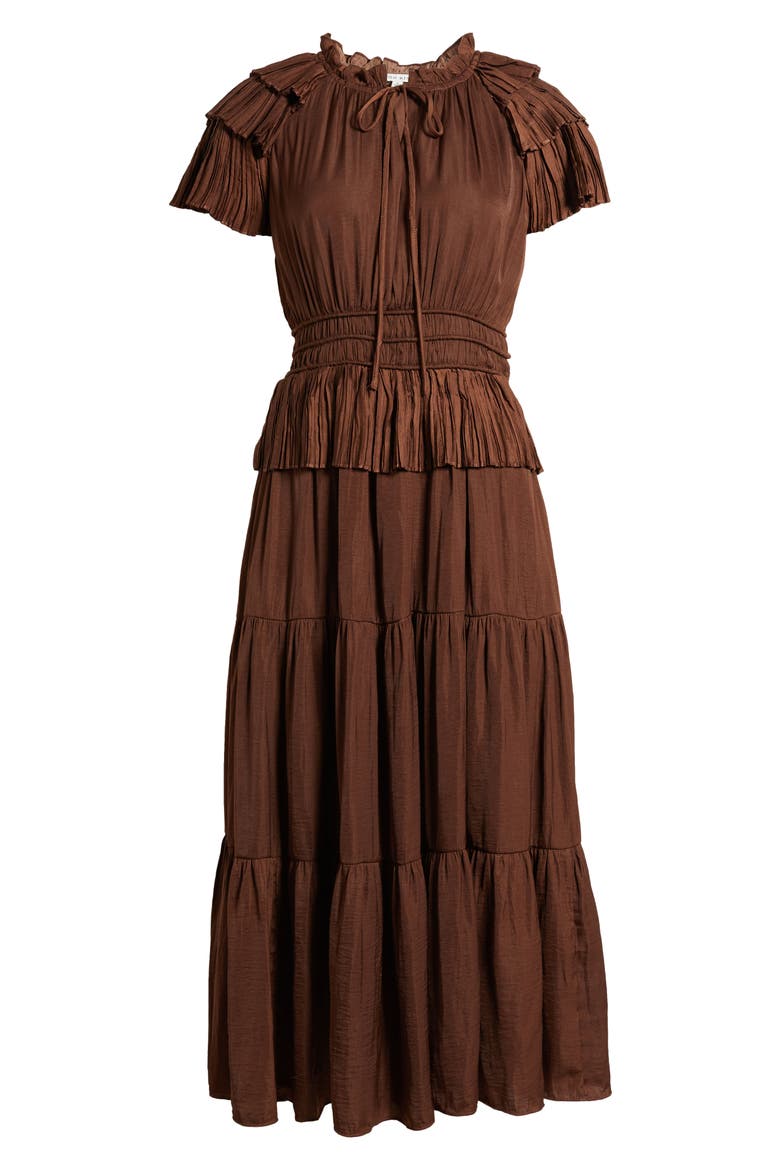 Tiered Plissé Midi Dress, Alternate, color, CHOCOLATE
