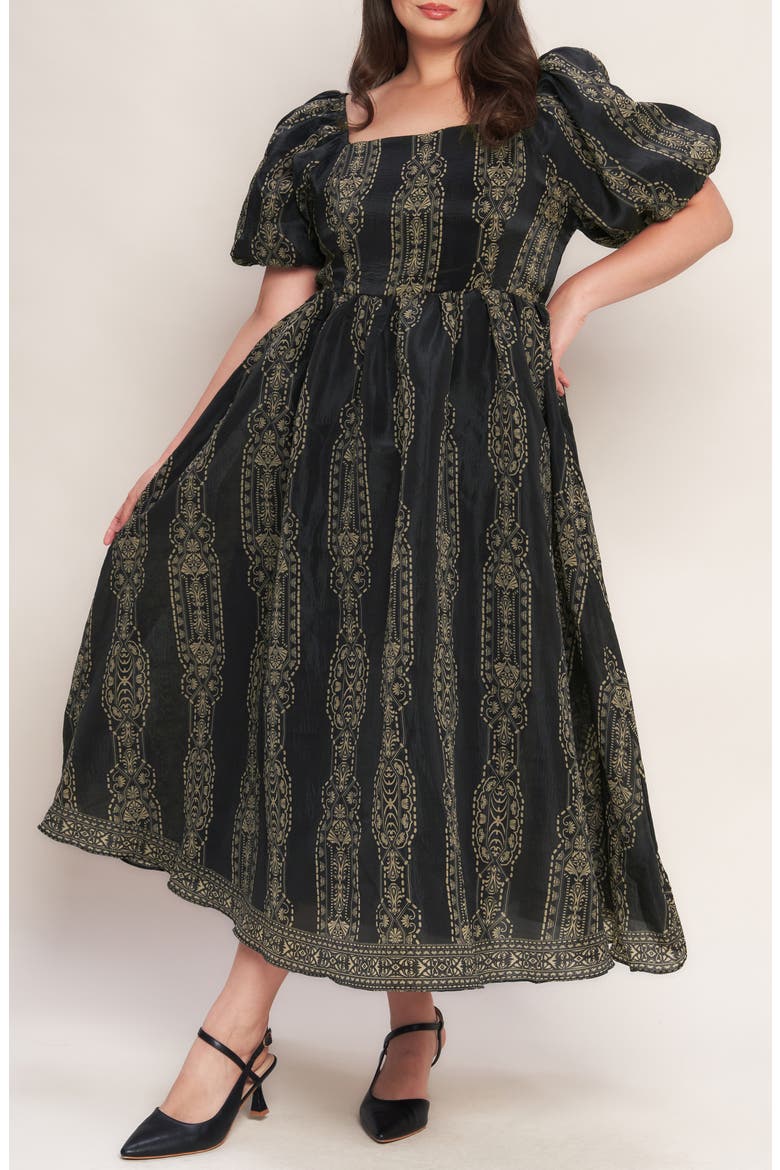 Puff Sleeve Midi Dress, Alternate, color, BLACK TAUPE