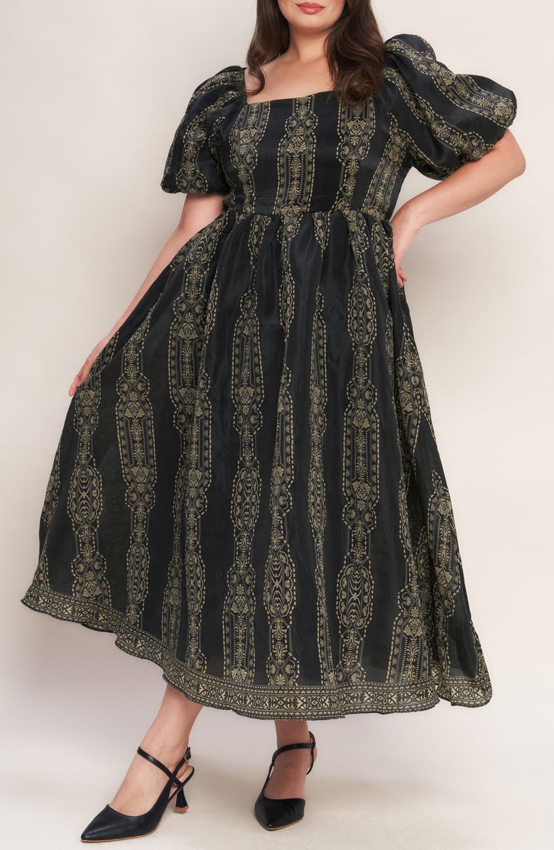 FLYING TOMATO Puff Sleeve Midi Dress, Alternate, color, Black Taupe