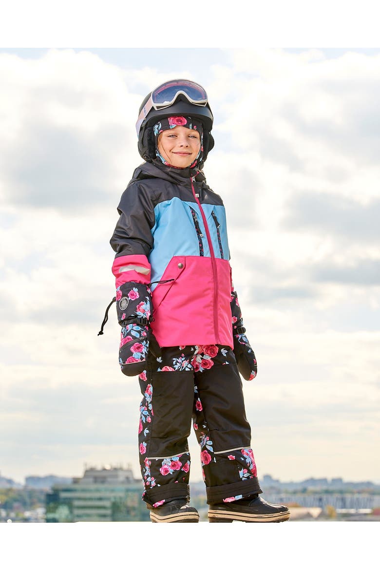 Little Girl's Technical Mittens Black Printed Roses, Alternate, color, Printed Roses