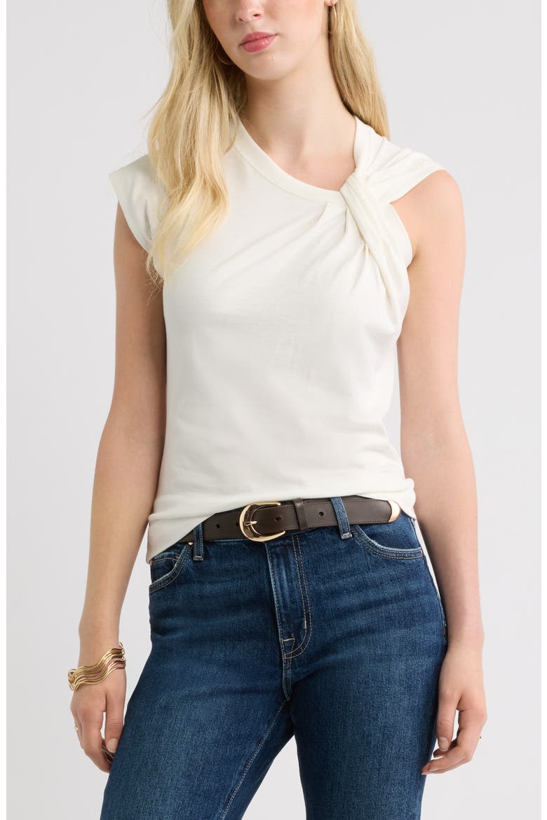 Twist Neck Asymmetric Sleeve Cotton Top, Main, color, IVORY EGRET