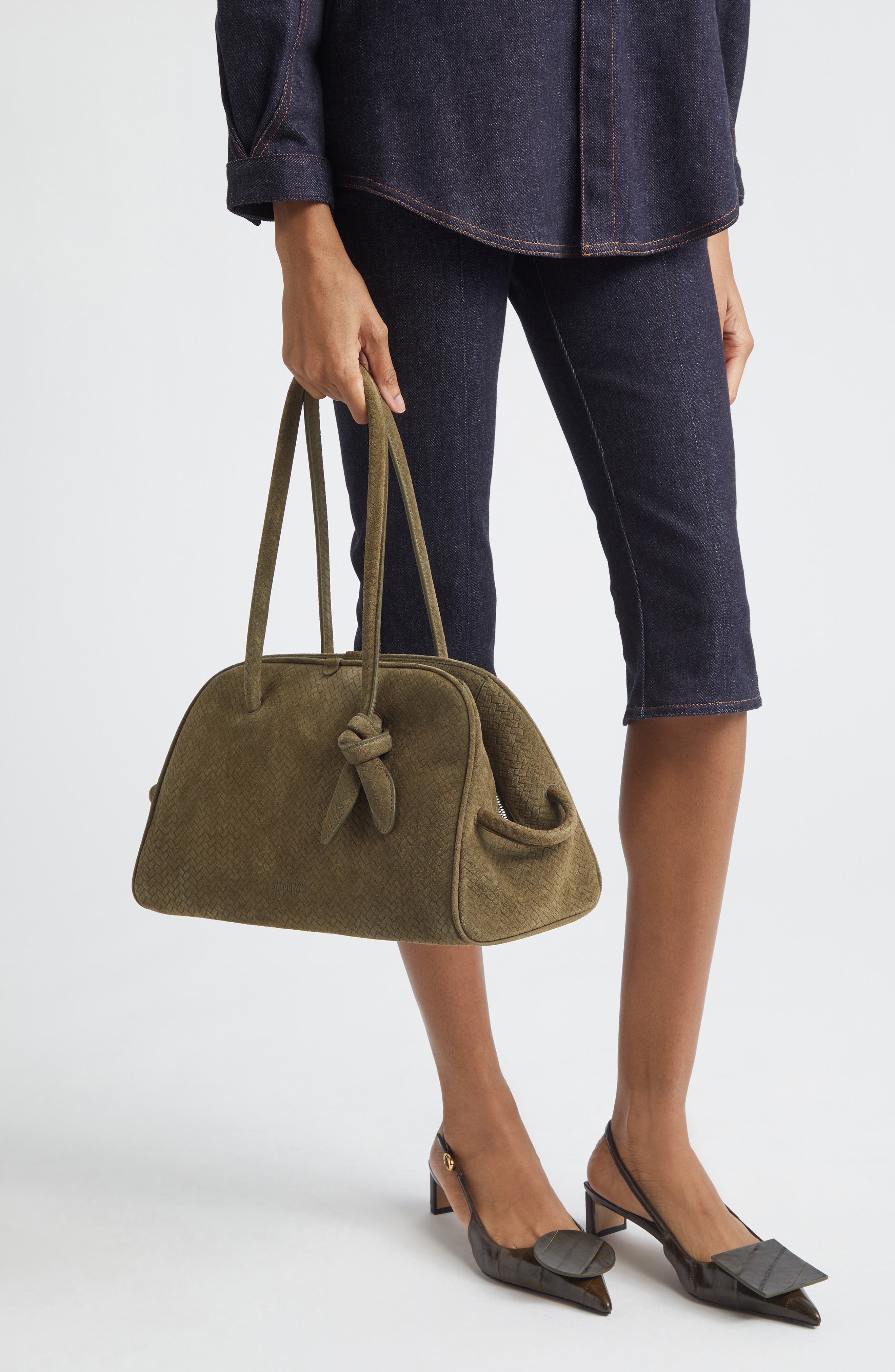 Jacquemus Le Turismo Embossed Suede Bowling Bag, Alternate, color, 560 Khaki