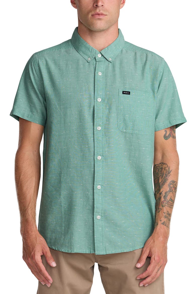 That'll Do Slim Fit Solid Short Sleeve Cotton Button-Down Shirt, Main, color, BOTTLE GREEN