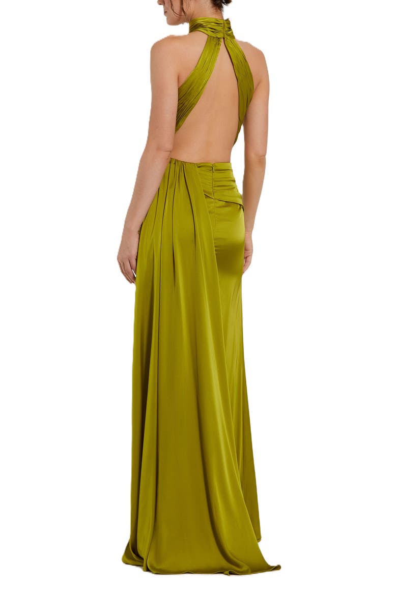 Open Back High Neck Side Ruched Gown, Alternate, color, Olive