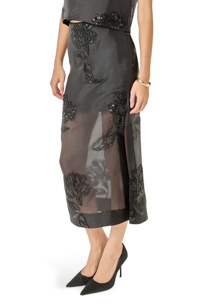 Floral Beaded Sheer Midi Skirt, Alternate, color, BLACK
