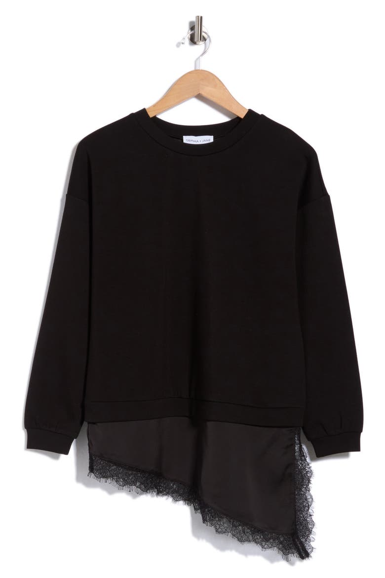 Lace Trim Layered Sweatshirt, Alternate, color, BLACK