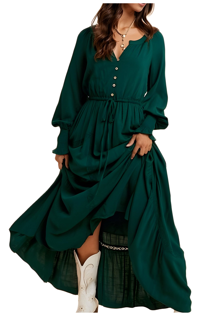 Knit and Lounge Long Sleeve Front Button Waist Tie Maxi Dress, Main, color, Emerald
