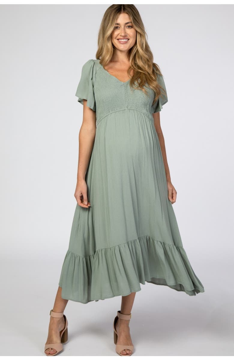 PinkBlush Smocked V-Neck Midi Dress, Main, color, Olive Green