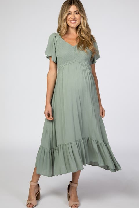 Smocked V-Neck Midi Dress