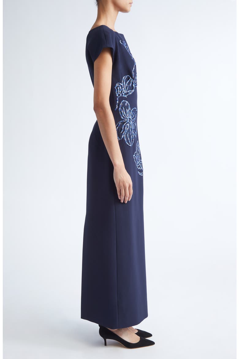 Ikat Floral Embroidered Stretch Crepe Gown, Alternate, color, NAVY/ BLUE