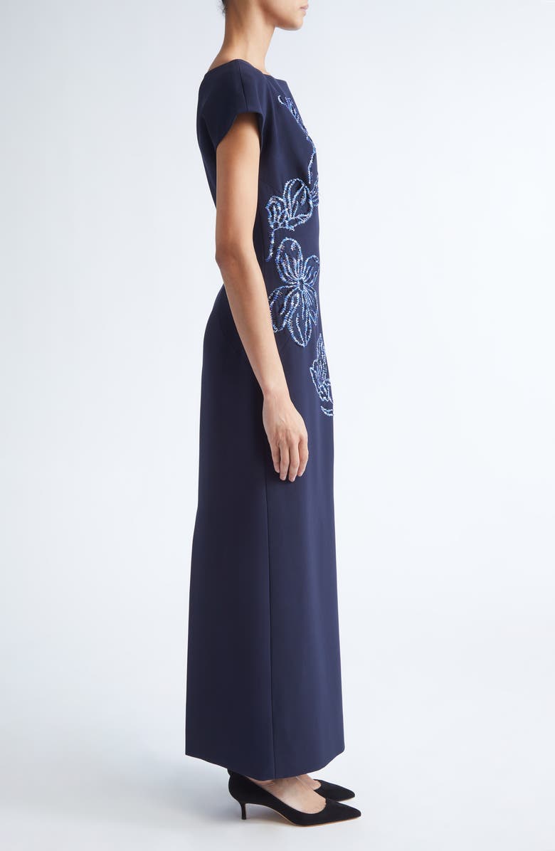 Lela Rose Ikat Floral Embroidered Stretch Crepe Gown, Alternate, color, Navy/ Blue