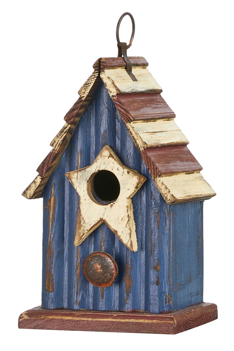 Patriotic Hanging Distressed Solid Wood Decorative Garden Birdhouse with Star, Main, color, Blue