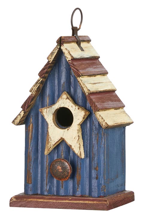 Patriotic Hanging Distressed Solid Wood Decorative Garden Birdhouse with Star
