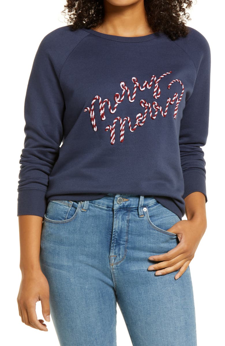Caslon<sup>®</sup> Merry Merry Embroidered Sweatshirt, Main, color, 