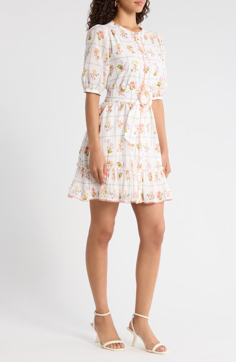 SUGARLIPS Diane Floral Redna Belted Cotton Button-Up Minidress, Alternate, color, Coral-Multi