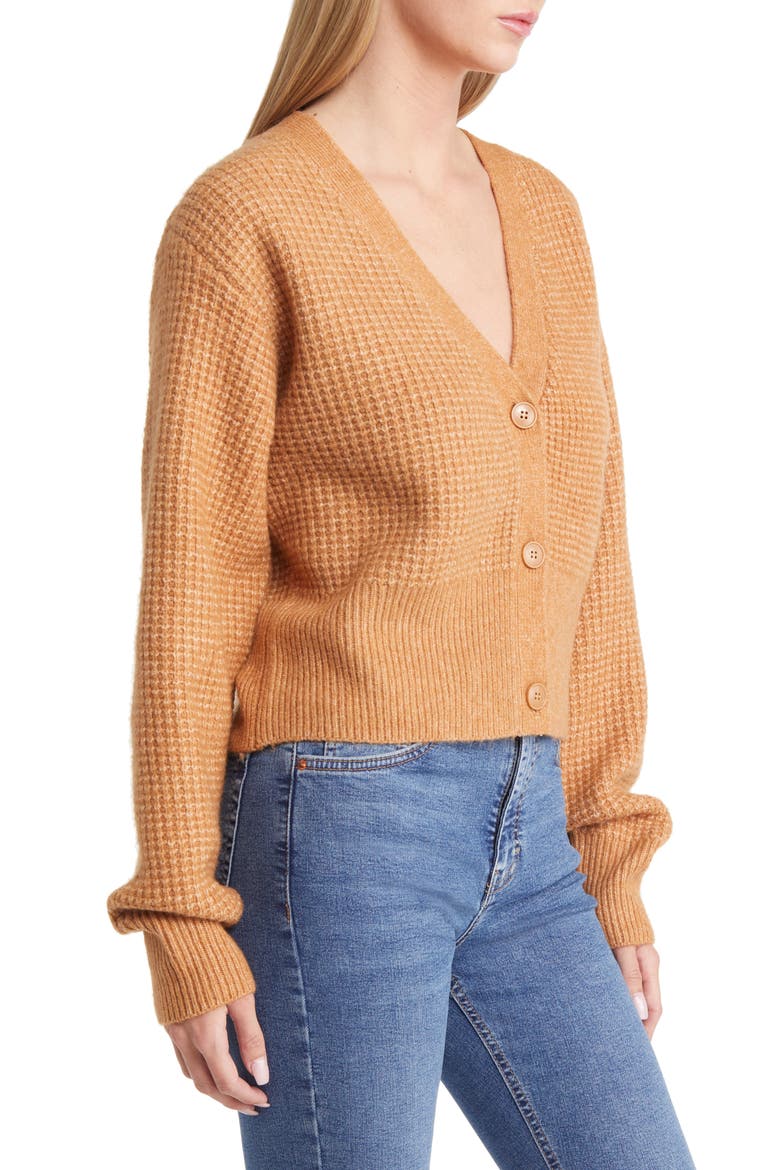 Waffle Knit Crop Cardigan, Alternate, color, CAMEL