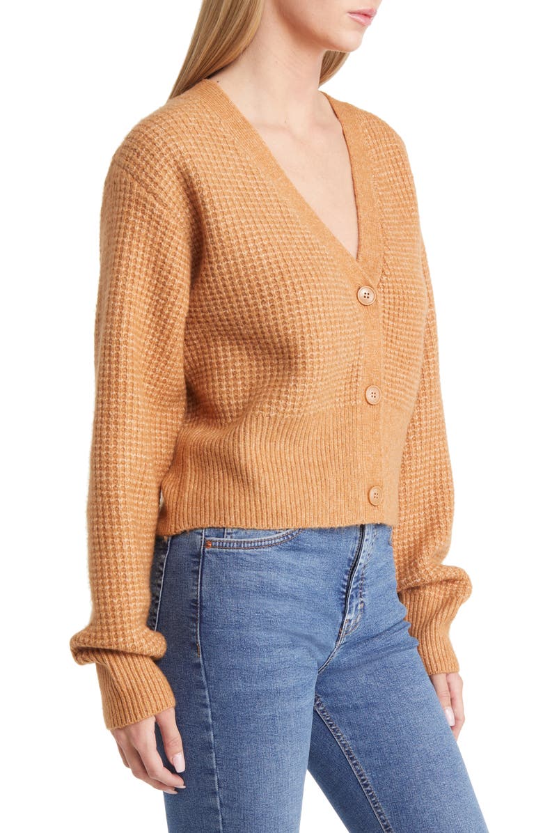 Topshop Waffle Knit Crop Cardigan, Alternate, color, Camel