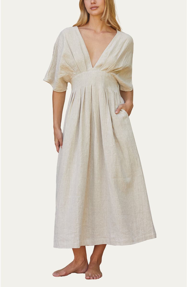 CRESCENT Pleated Linen Midi Dress, Main, color, Oatmeal