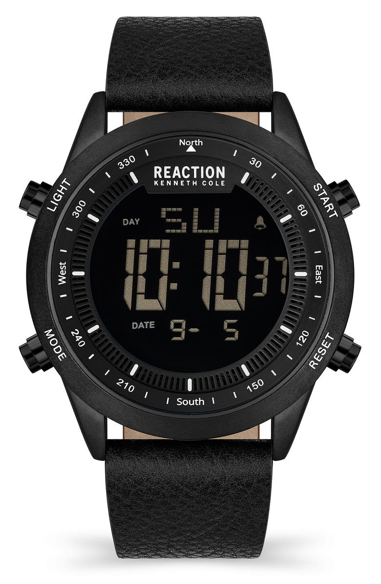 Kenneth Cole Reaction Digital Faux Leather Strap Watch, 47mm, Main, color,