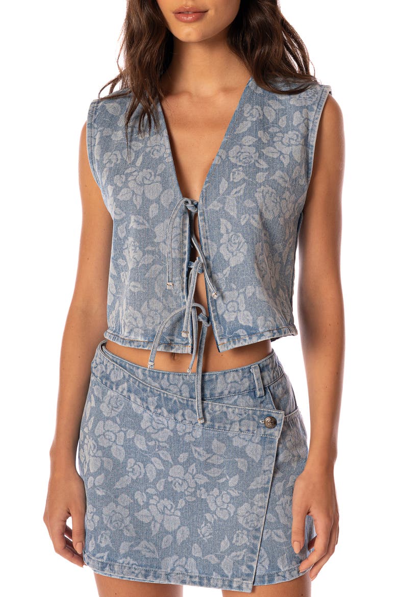 Blushing Petals Printed Cotton Blend Denim Cover-Up Vest, Main, color, BLUE