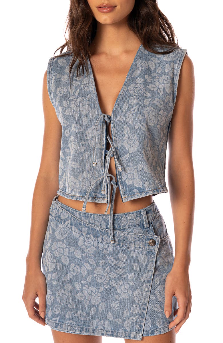 Maaji Blushing Petals Printed Cotton Blend Denim Cover-Up Vest, Main, color, Blue