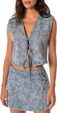 Maaji Blushing Petals Printed Cotton Blend Denim Cover-Up Vest