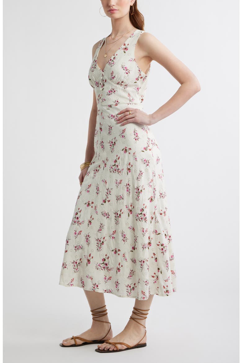 Embroidered Bias Cut Midi Dress, Alternate, color, IVORY- PINK POSY FLORAL