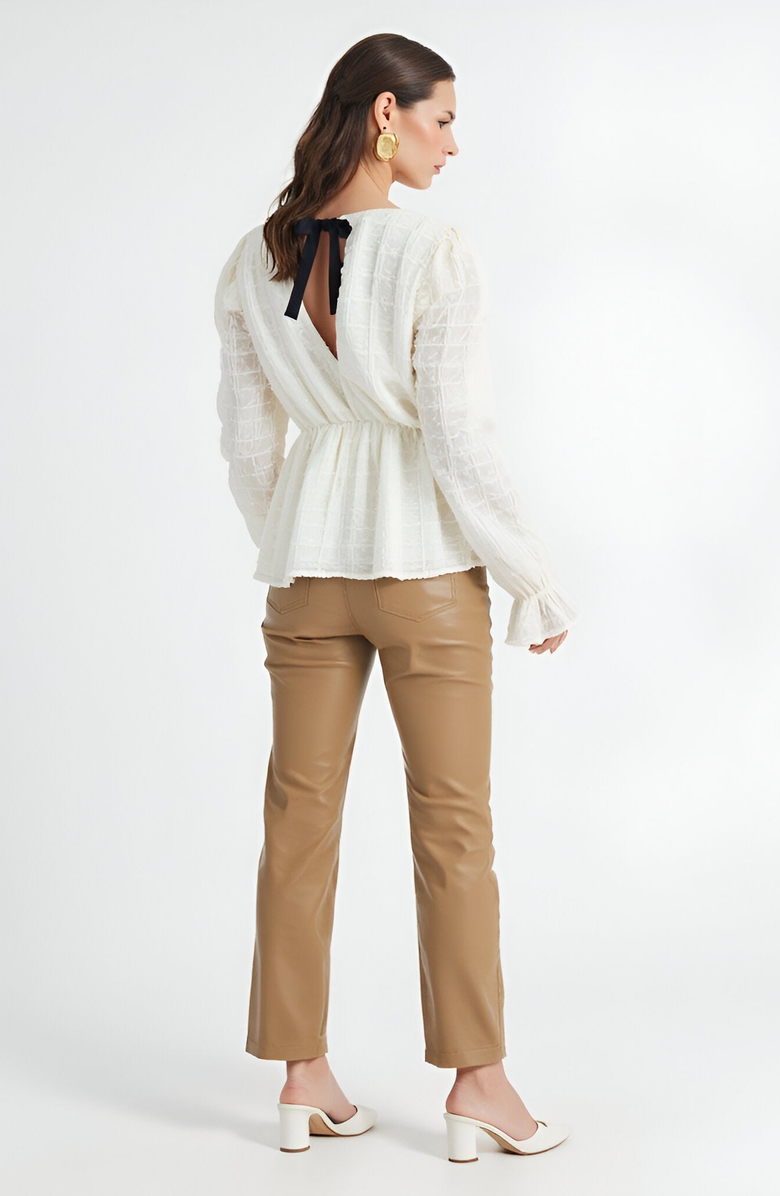 Modenaire Textured Long Sleeve Blouse with Peplum Hem and Back Bow Tie, Alternate, color, Ivory