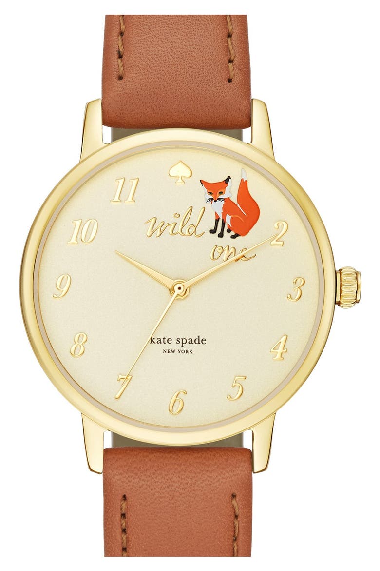 kate spade new york 'metro - wild one' leather strap watch, 34mm, Main, color, BROWN/ GOLD