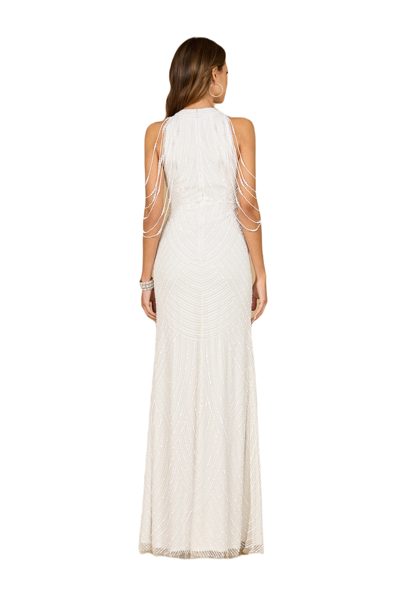 Halter Neck Gown with Fringe, Alternate, color, Ivory