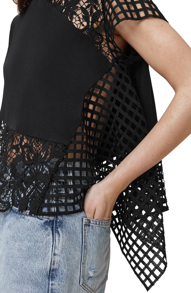 AllSaints Zala Lace Panel Asymmetric Top, Alternate, color, Black