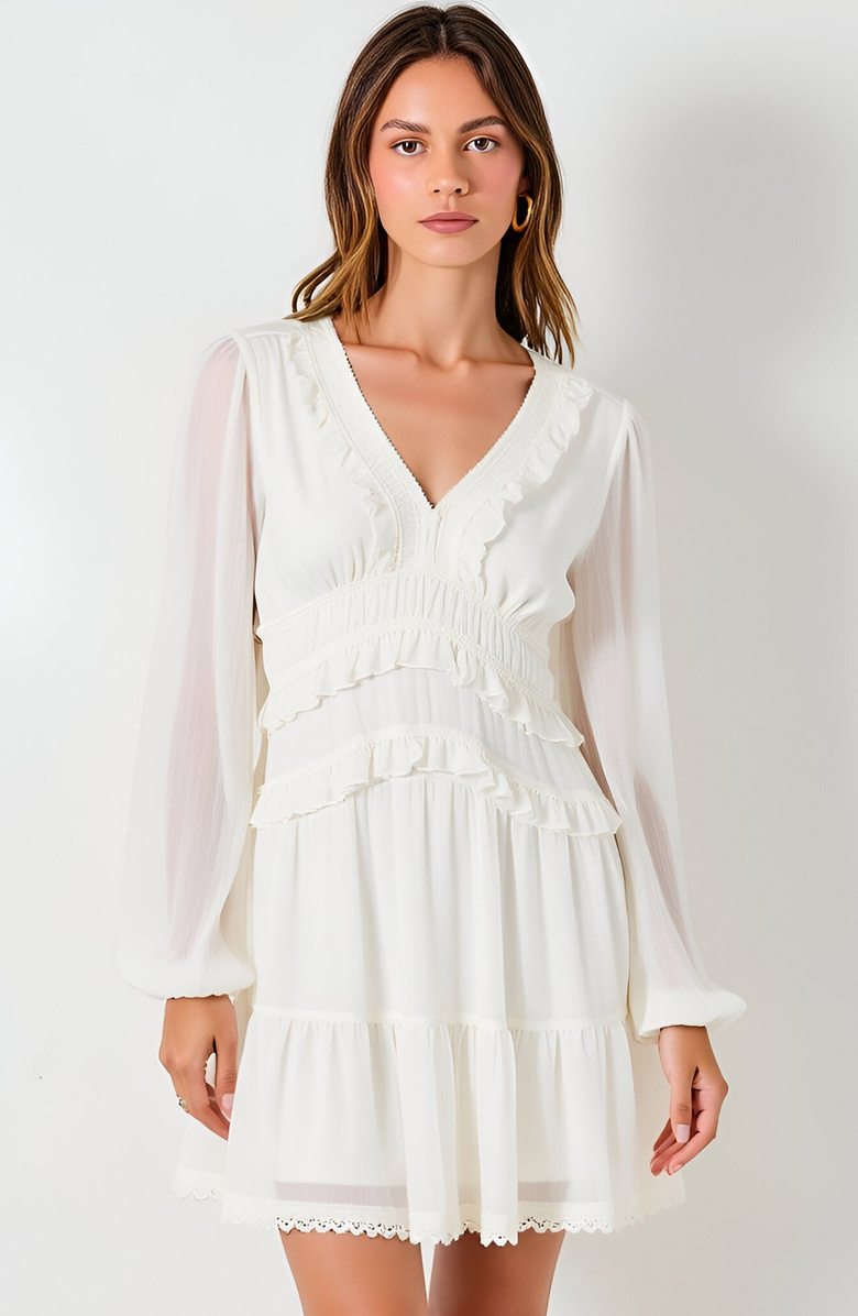 Modenaire Long Sleeve V-Neck Ruffle Tiered Mini Dress with Sheer Chiffon Overlay, Alternate, color, White