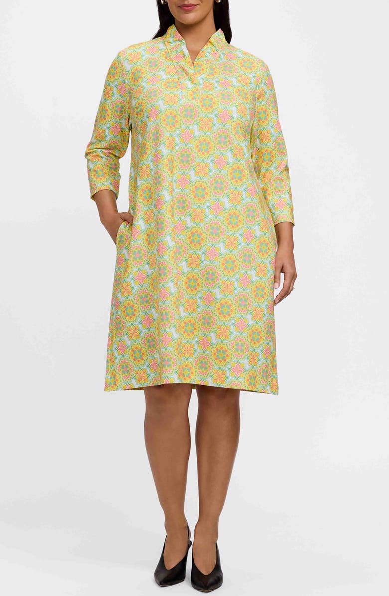 Foxcroft Tammy Sicilian Tile Print Crepe Popover Shirtdress, Main, color, Yellow Multi