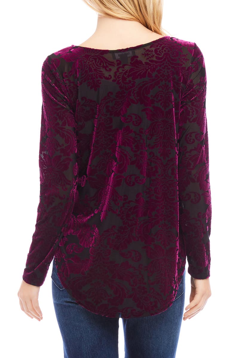 Karen Kane Floral Velvet Burnout Shirttail Top, Alternate, color, Wine