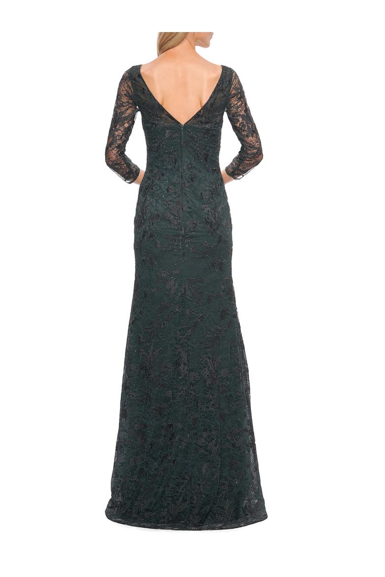 Long Fitted Lace Gown with High Neckline and Sleeves, Alternate, color, Dark Emerald
