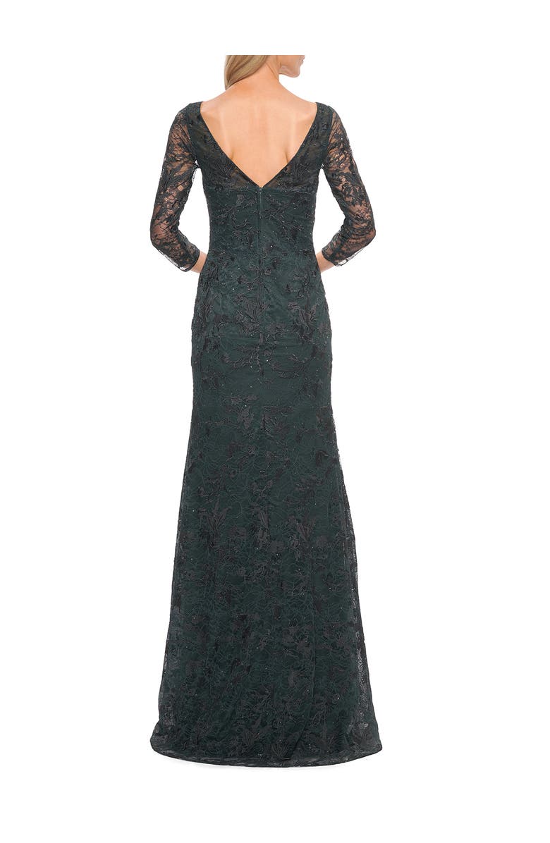 La Femme Long Fitted Lace Gown with High Neckline and Sleeves, Alternate, color, Dark Emerald