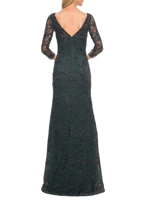 La Femme Long Fitted Lace Gown With High Neckline And Sleeves In Dark Emerald