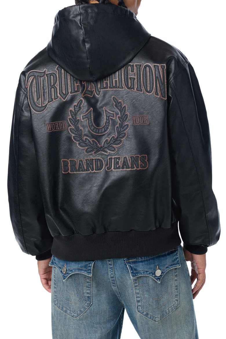 Faux Leather Hooded Bomber Jacket, Alternate, color, JET BLACK