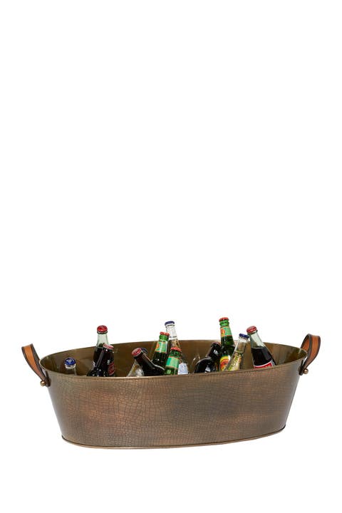 Bronze Metal Long Ice Bucket with Leather Strap Handles
